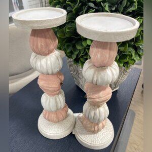 Fall Autumn Halloween Pink Pumpkin Candlesticks Set of 2 14” NWT